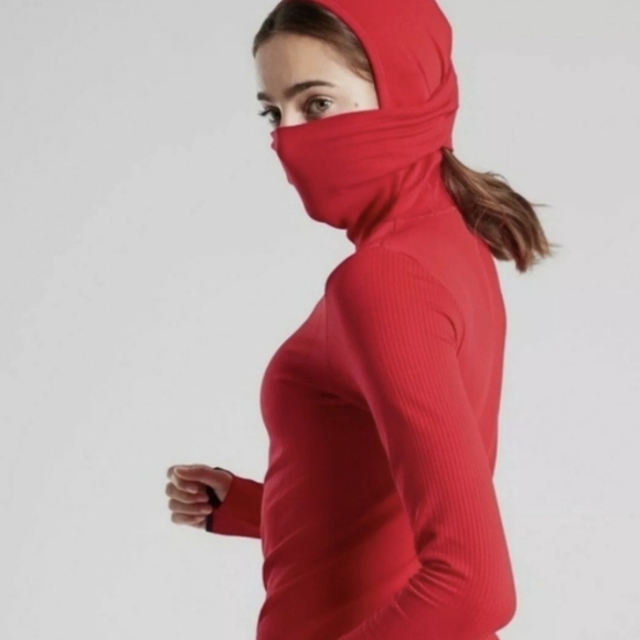 Athleta XS RED Flurry Balaclava Seamless Hoodie Pullover Compression Thumbhole - Picture 2 of 9